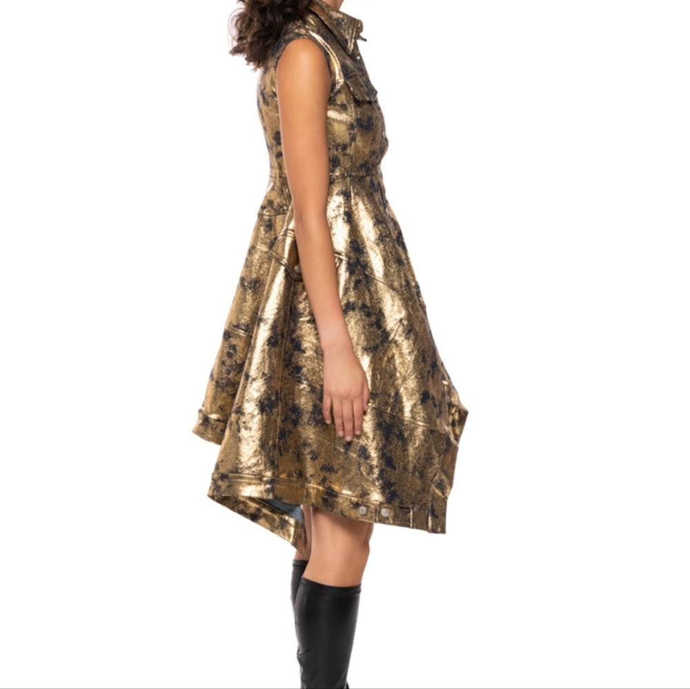 WINONA CAP SLEEVE BUTTON DOWN DENIM MIDI DRESS IN GOLD - S - Picture 4 of 5